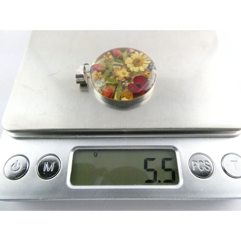 Sterling Silver Resin Encased Dried Flowers Circle Pendant 5.5g 39mm Length