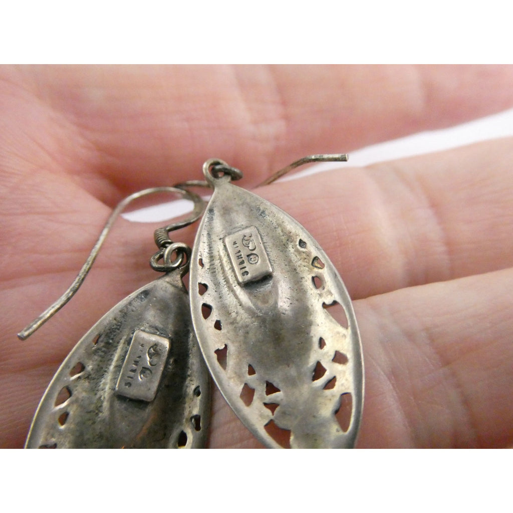 Vintage Silver Cloud Sterling Silver MOP Shell Pointed Oval Dangling Earrings 7g