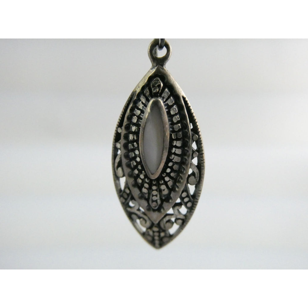 Vintage Silver Cloud Sterling Silver MOP Shell Pointed Oval Dangling Earrings 7g