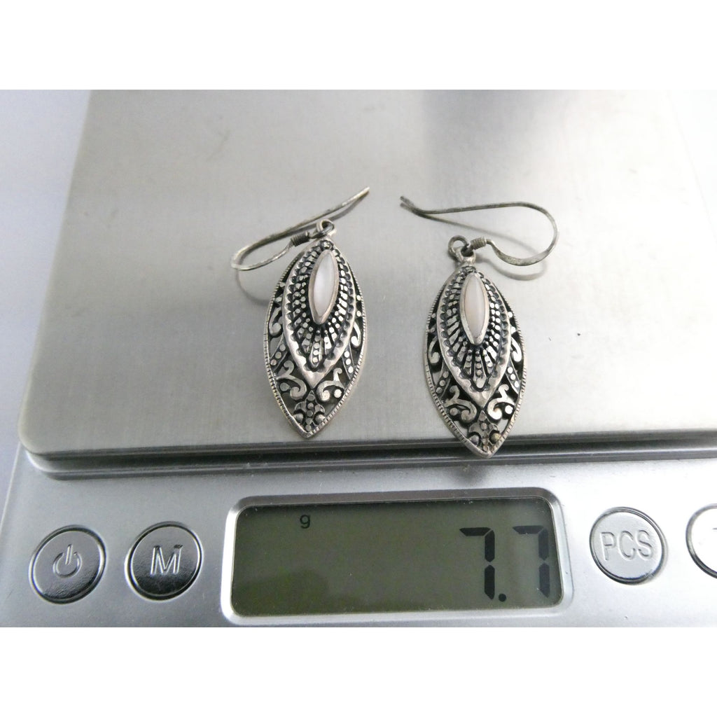 Vintage Silver Cloud Sterling Silver MOP Shell Pointed Oval Dangling Earrings 7g