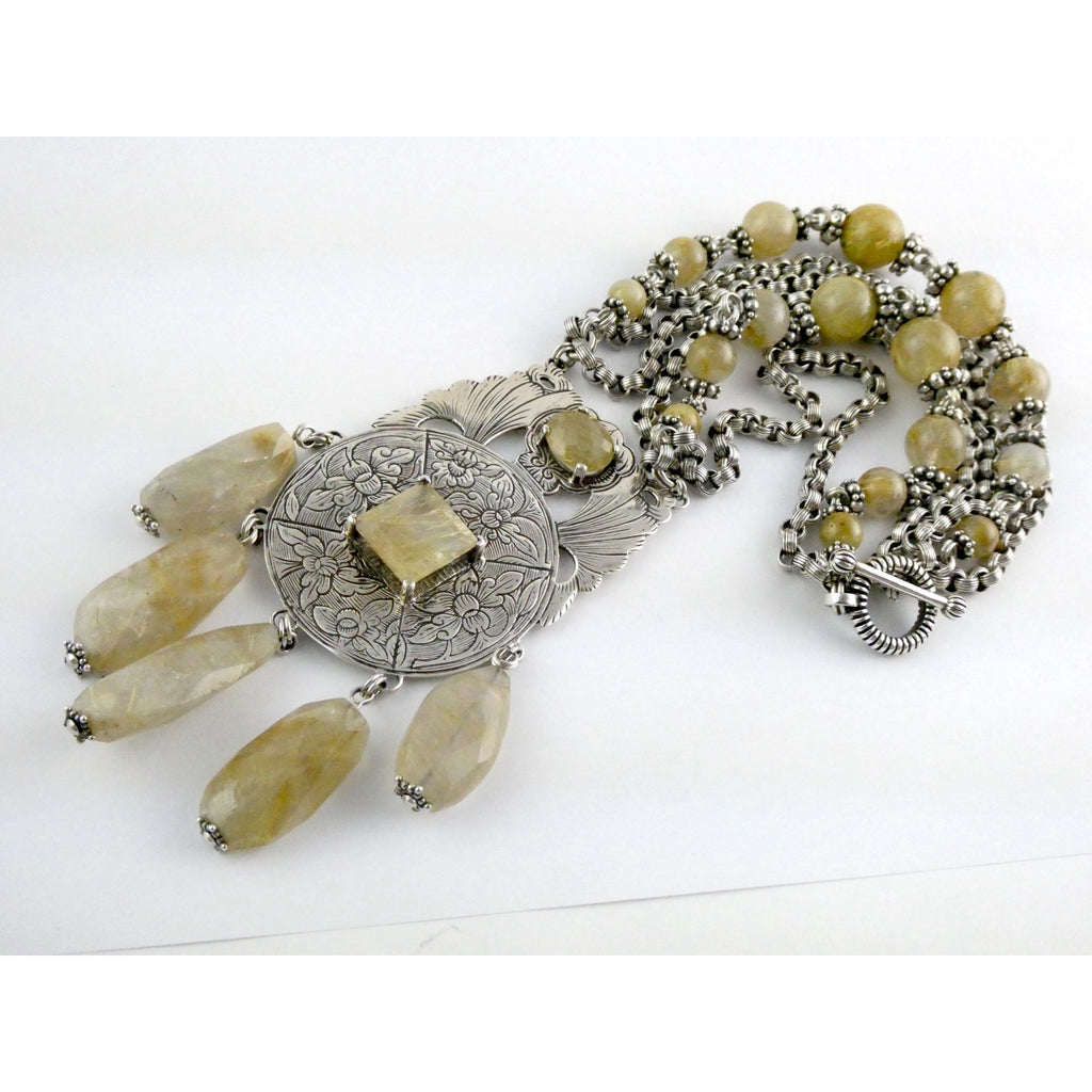 Stephen Dweck Sterling Silver Rutilated Quartz Statement Necklace Bergdorf Pouch