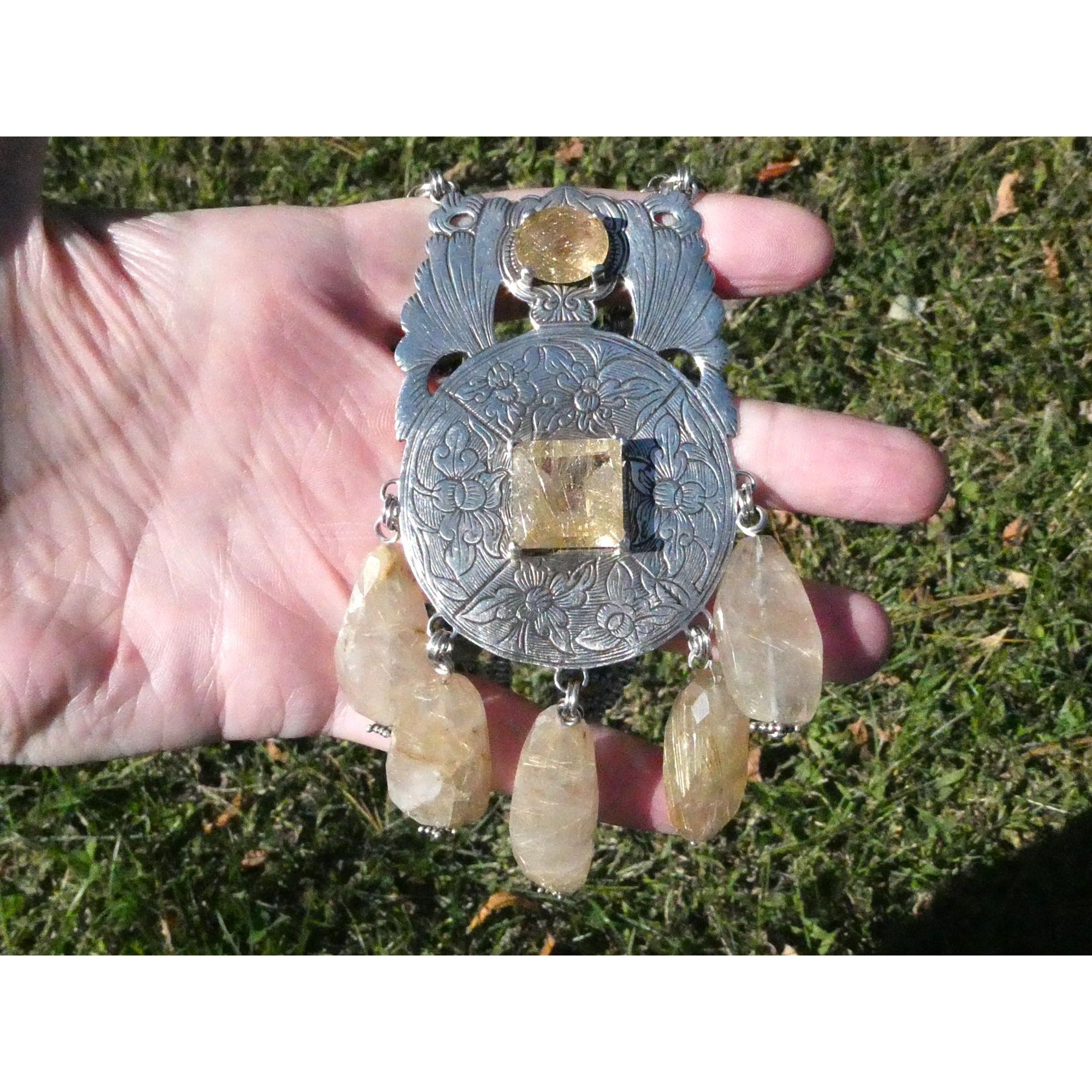 Stephen Dweck Sterling Silver Rutilated Quartz Statement Necklace Bergdorf Pouch