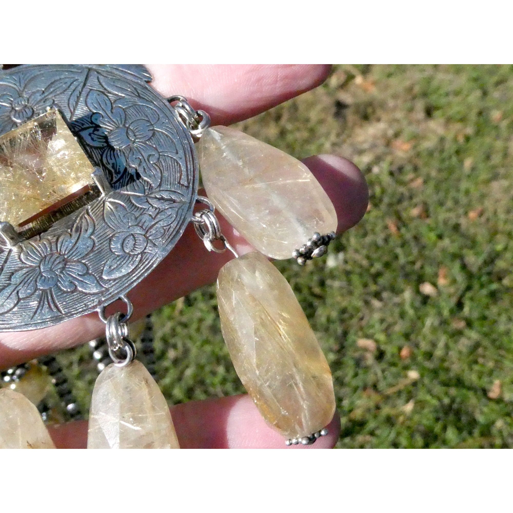 Stephen Dweck Sterling Silver Rutilated Quartz Statement Necklace Bergdorf Pouch