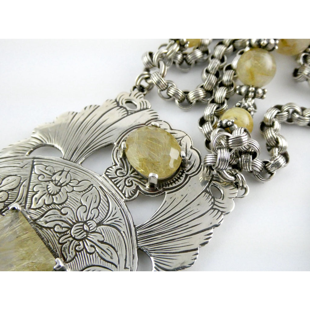 Stephen Dweck Sterling Silver Rutilated Quartz Statement Necklace Bergdorf Pouch