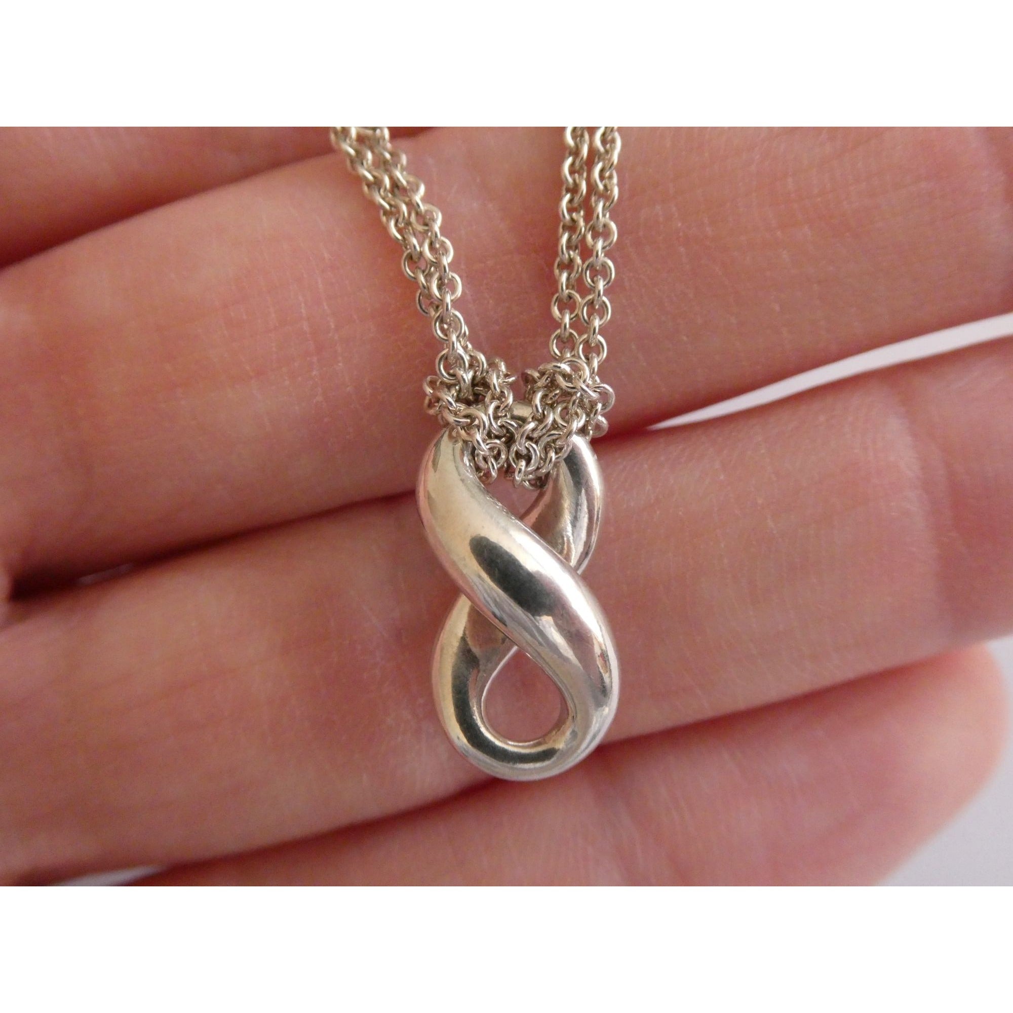 Tiffany and Co Sterling Silver Double Chain Infinity Pendant Necklace 925 15 In