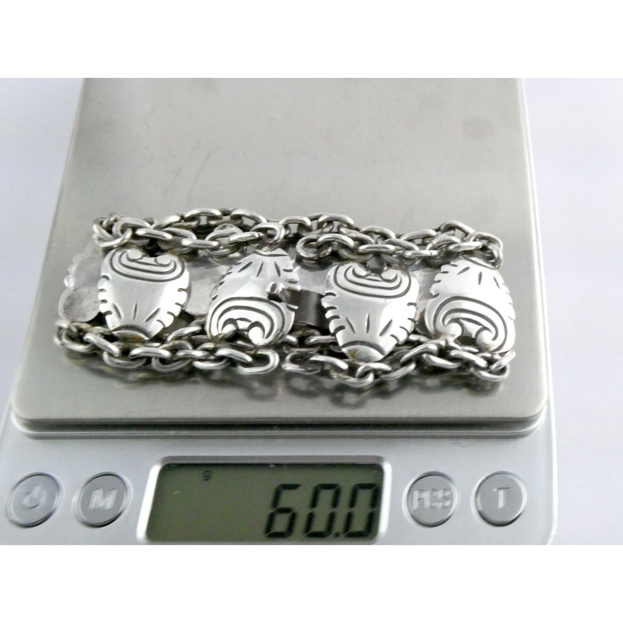 Hector Aquilar 940 Sterling Silver Medallion Link Bracelet Mexico 6 3/8 Inches