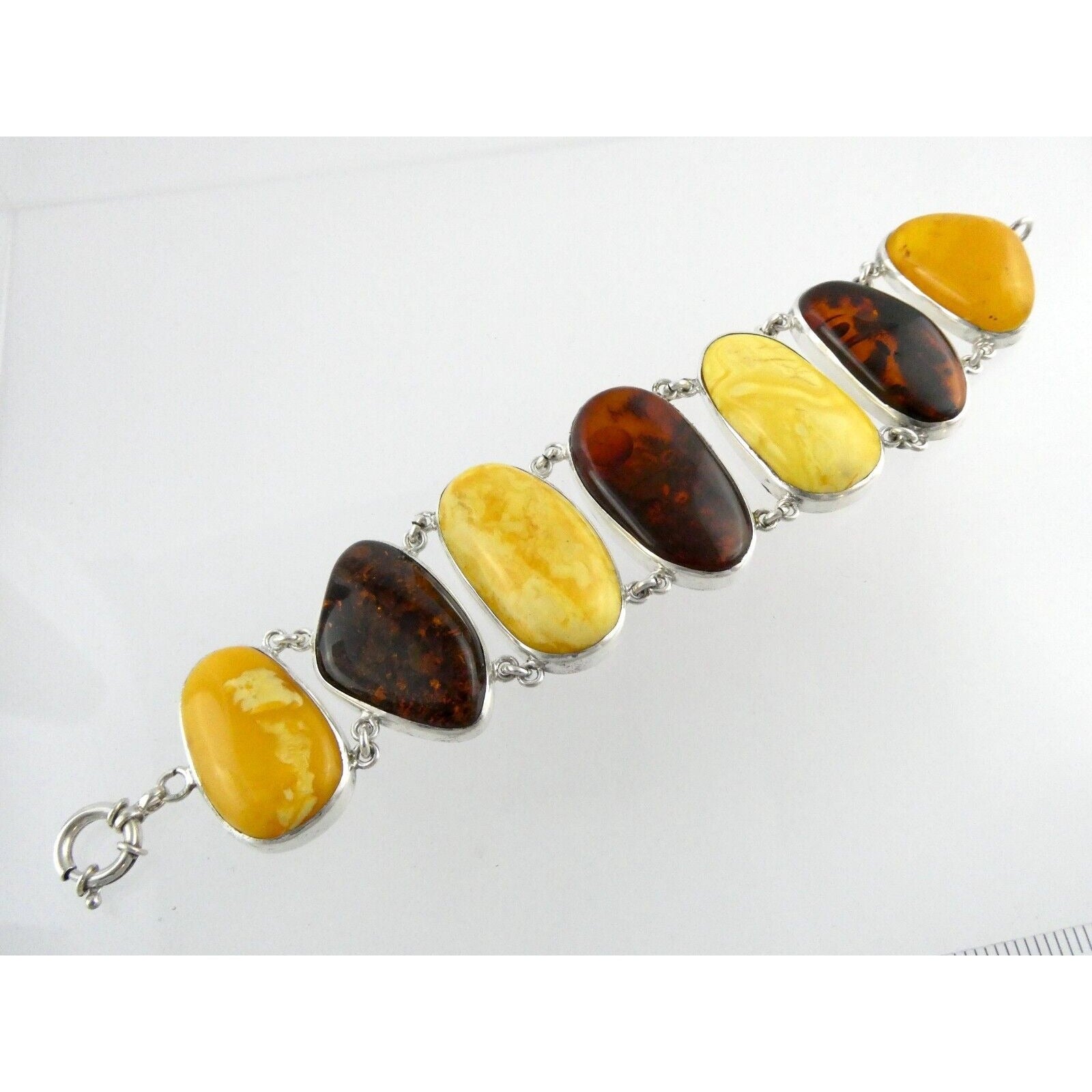 Polish Sterling Silver Multicolor Amber Bracelet Egg Yolk Orange Colors 7.75 In