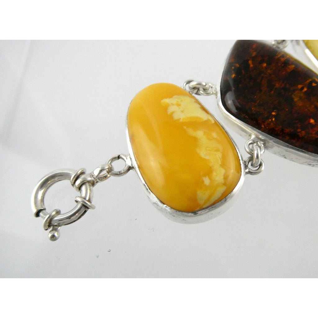 Polish Sterling Silver Multicolor Amber Bracelet Egg Yolk Orange Colors 7.75 In
