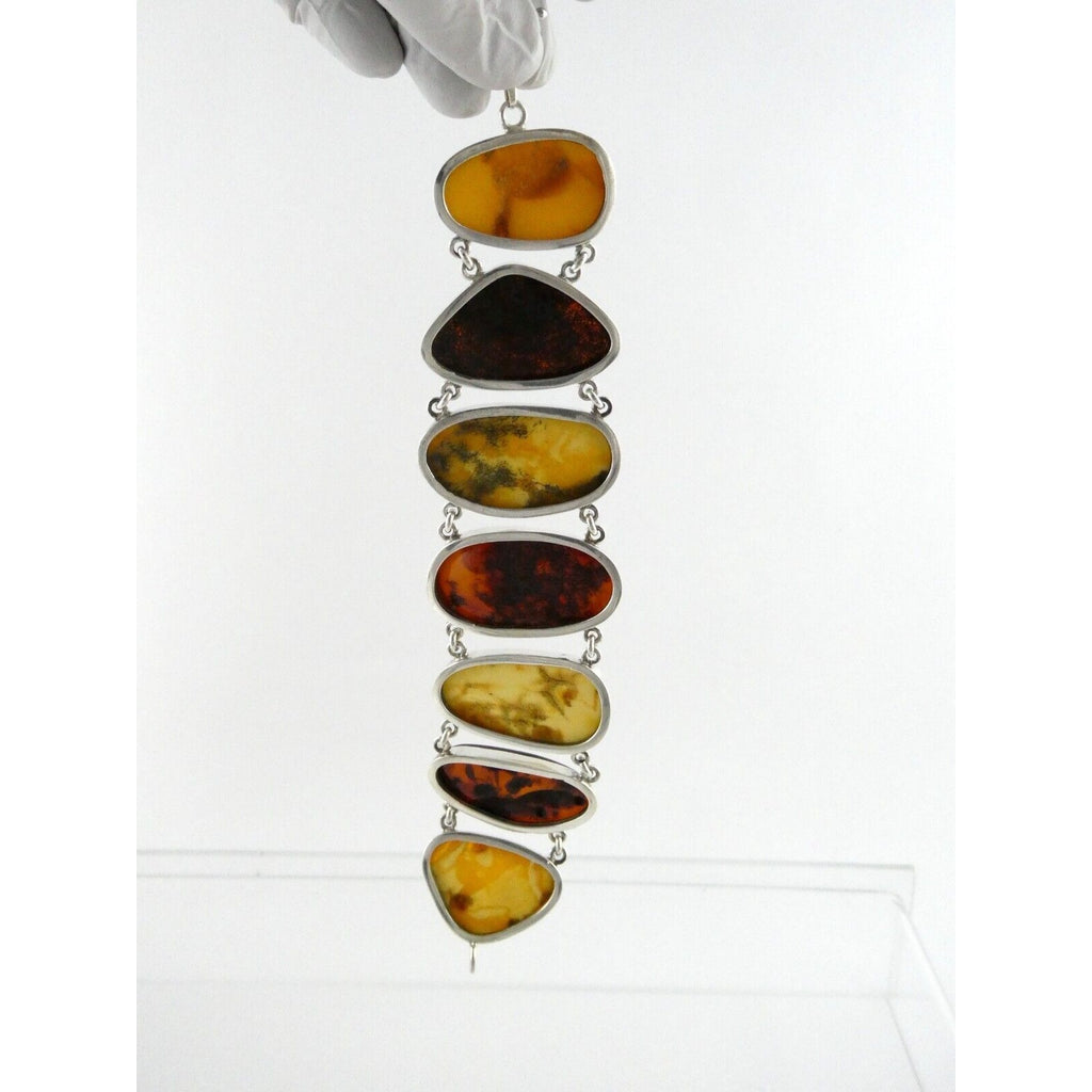 Polish Sterling Silver Multicolor Amber Bracelet Egg Yolk Orange Colors 7.75 In