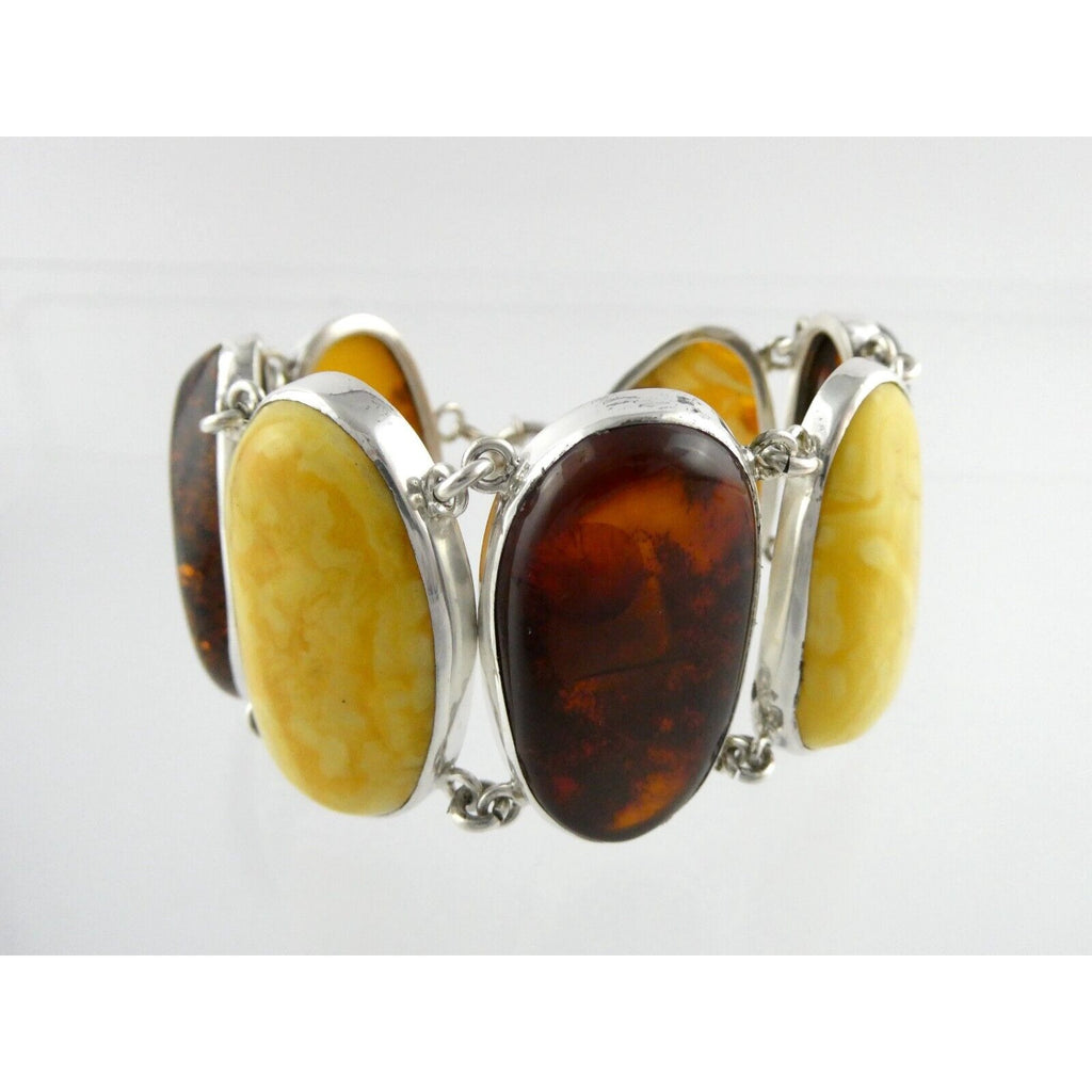 Polish Sterling Silver Multicolor Amber Bracelet Egg Yolk Orange Colors 7.75 In