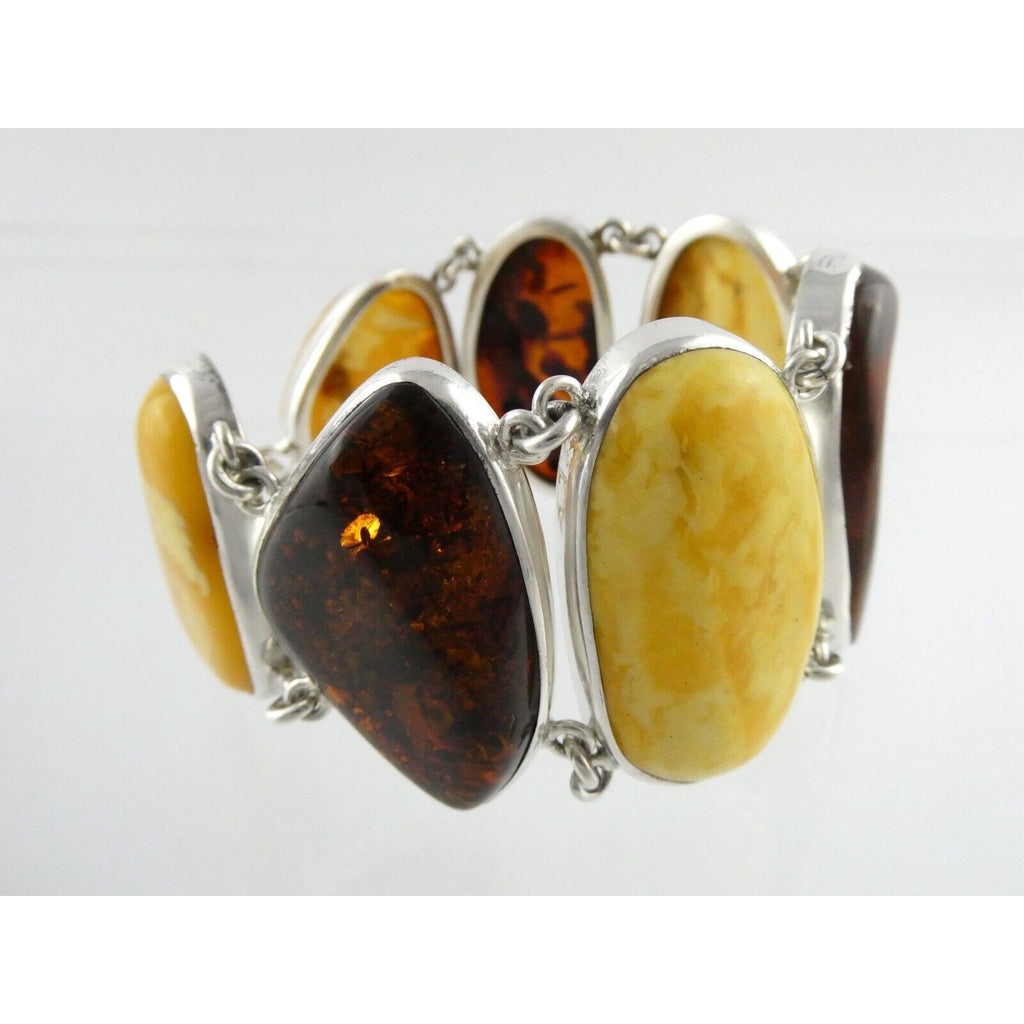 Polish Sterling Silver Multicolor Amber Bracelet Egg Yolk Orange Colors 7.75 In