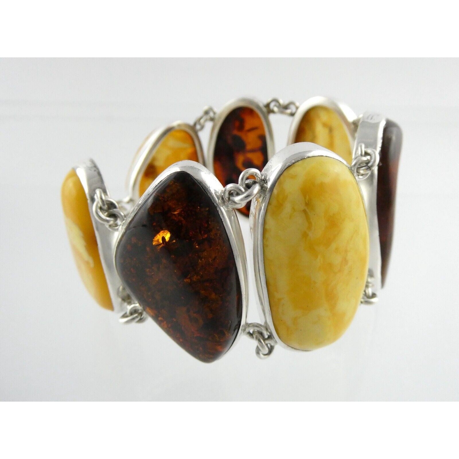Polish Sterling Silver Multicolor Amber Bracelet Egg Yolk Orange Colors 7.75 In