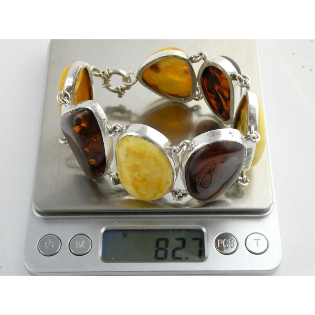 Polish Sterling Silver Multicolor Amber Bracelet Egg Yolk Orange Colors 7.75 In