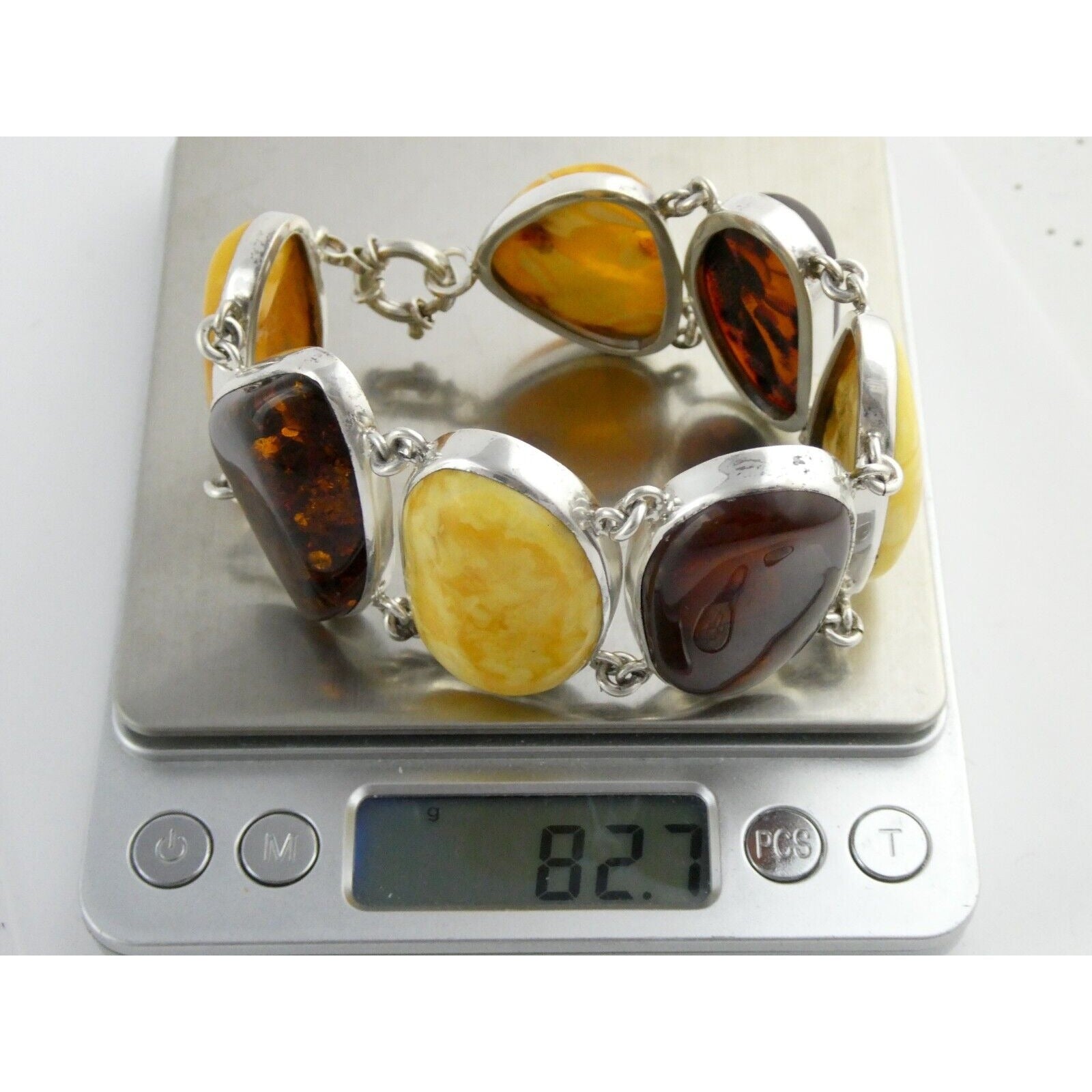 Polish Sterling Silver Multicolor Amber Bracelet Egg Yolk Orange Colors 7.75 In