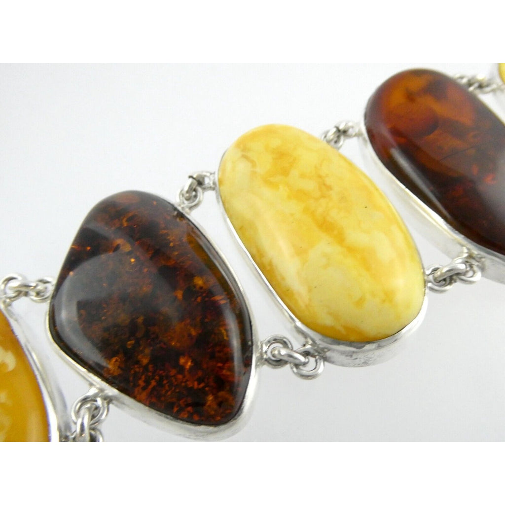 Polish Sterling Silver Multicolor Amber Bracelet Egg Yolk Orange Colors 7.75 In