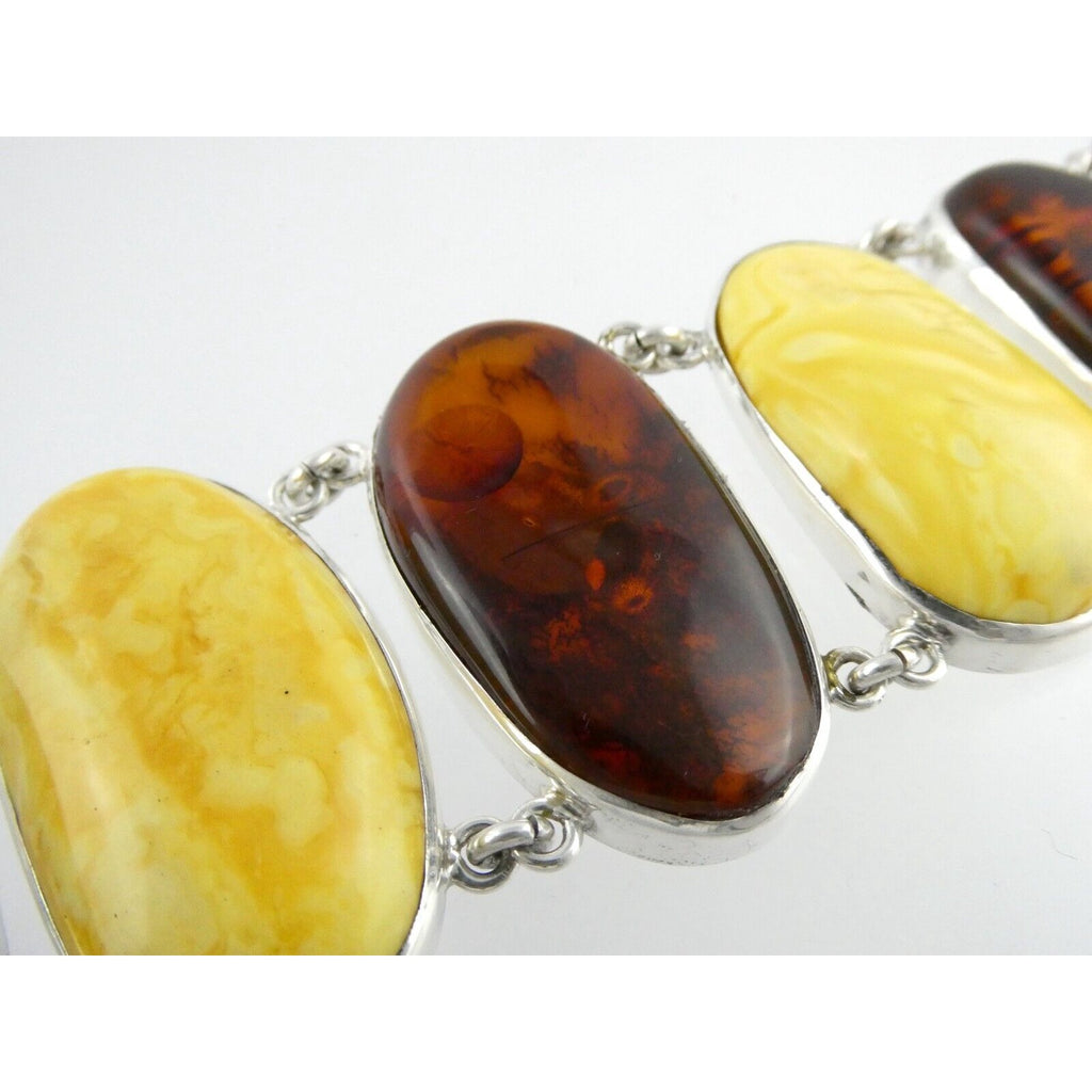 Polish Sterling Silver Multicolor Amber Bracelet Egg Yolk Orange Colors 7.75 In