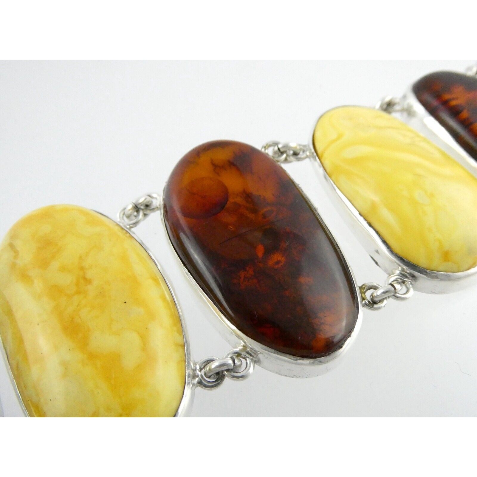 Polish Sterling Silver Multicolor Amber Bracelet Egg Yolk Orange Colors 7.75 In