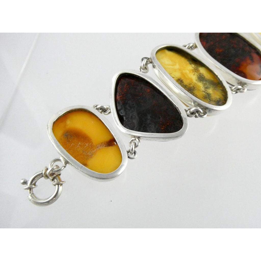 Polish Sterling Silver Multicolor Amber Bracelet Egg Yolk Orange Colors 7.75 In