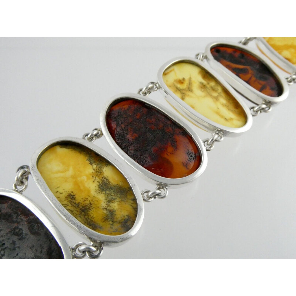 Polish Sterling Silver Multicolor Amber Bracelet Egg Yolk Orange Colors 7.75 In