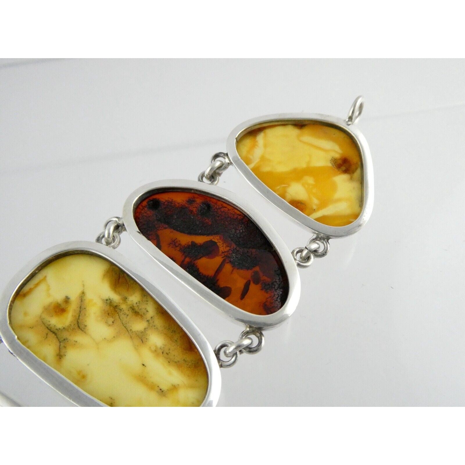 Polish Sterling Silver Multicolor Amber Bracelet Egg Yolk Orange Colors 7.75 In