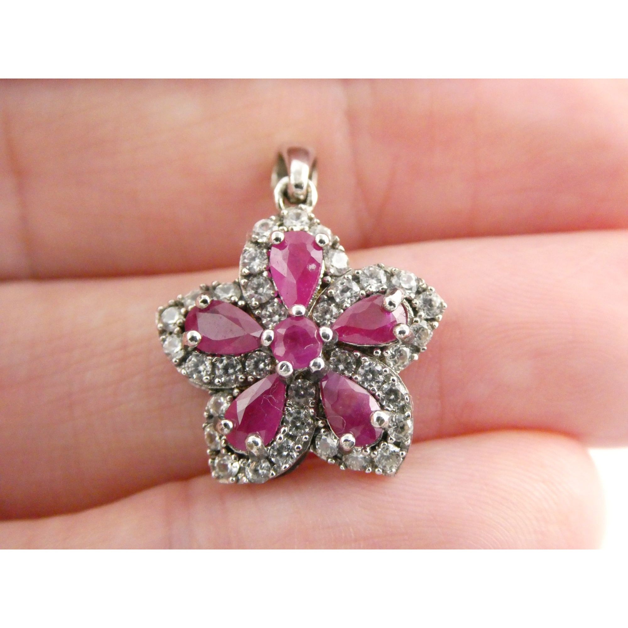 DK Sterling Silver Lab Created Ruby White CZ Flower Pendant 2.7g 24mm Length