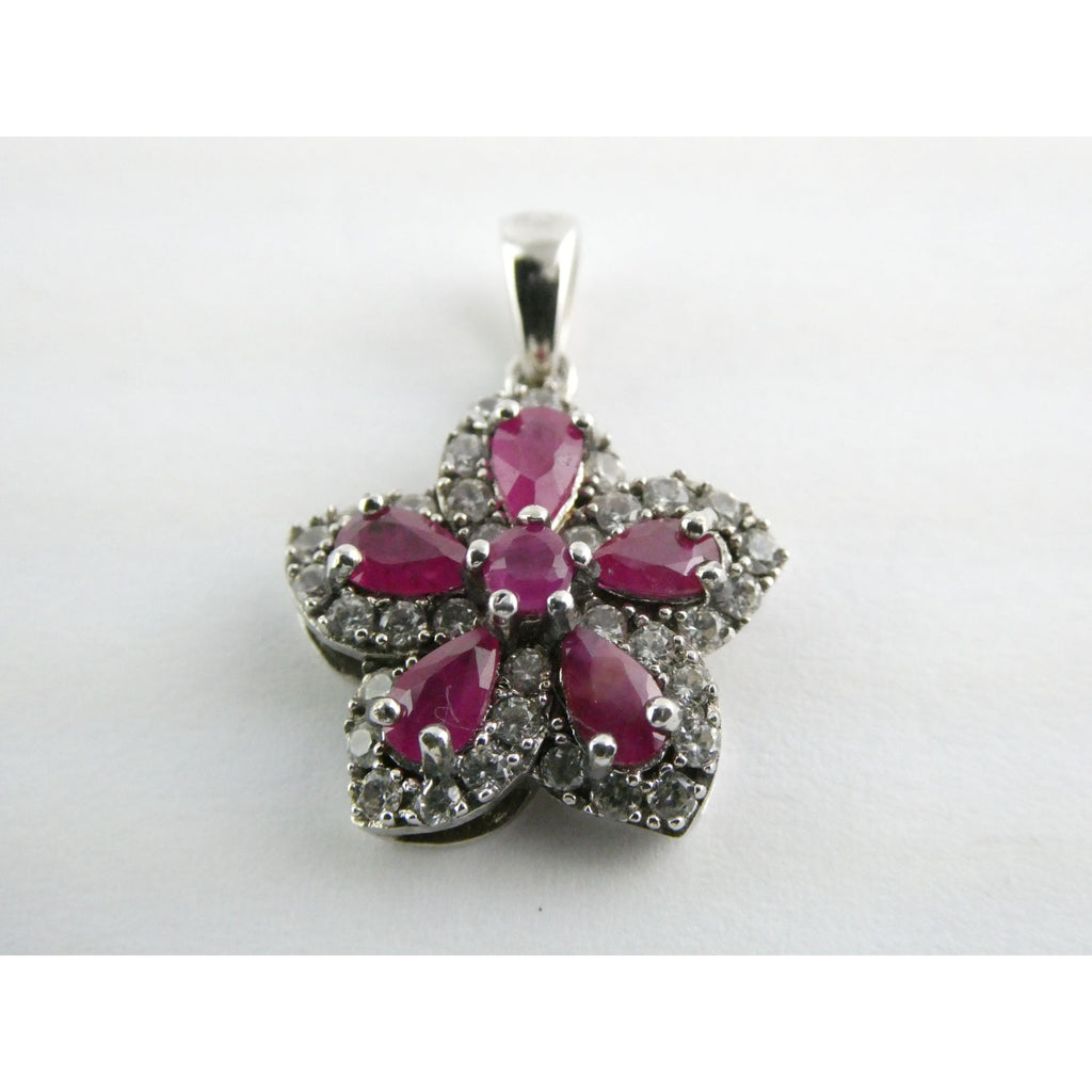 DK Sterling Silver Lab Created Ruby White CZ Flower Pendant 2.7g 24mm Length