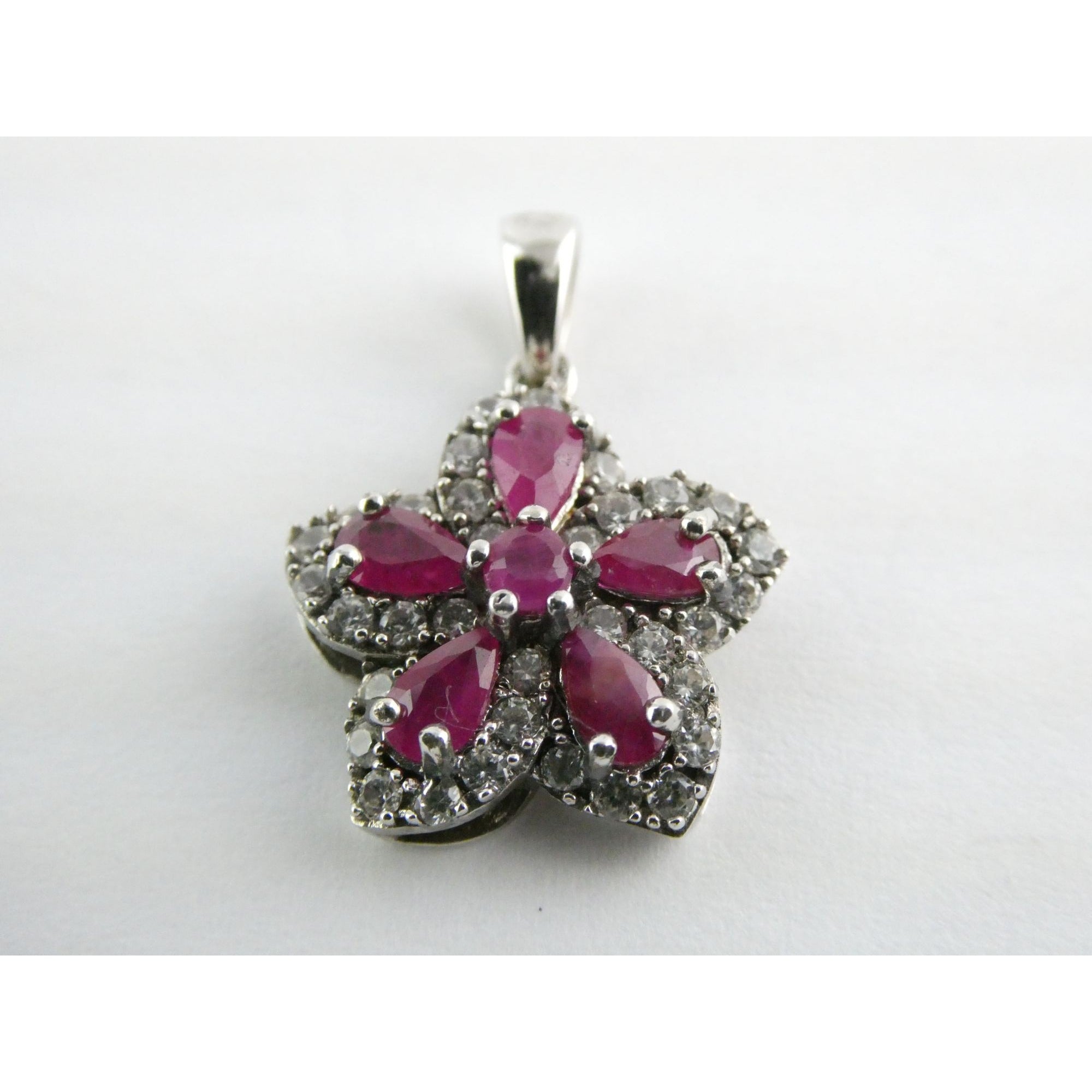 DK Sterling Silver Lab Created Ruby White CZ Flower Pendant 2.7g 24mm Length
