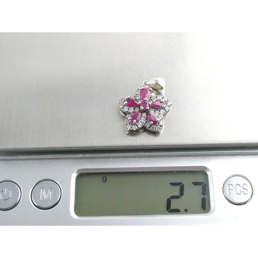 DK Sterling Silver Lab Created Ruby White CZ Flower Pendant 2.7g 24mm Length