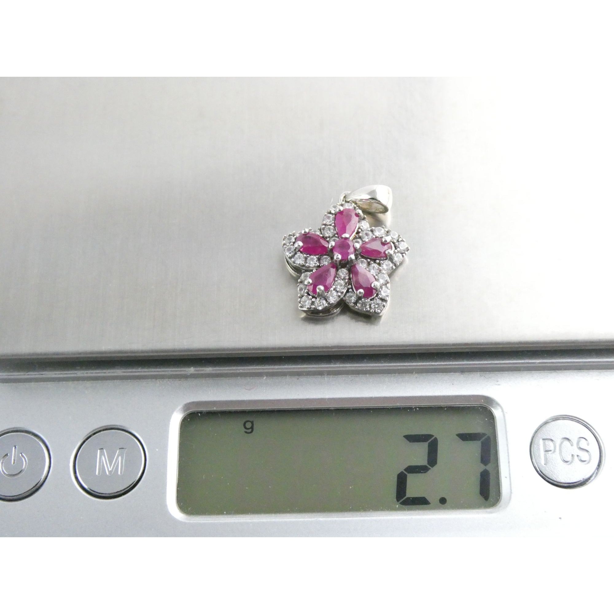 DK Sterling Silver Lab Created Ruby White CZ Flower Pendant 2.7g 24mm Length