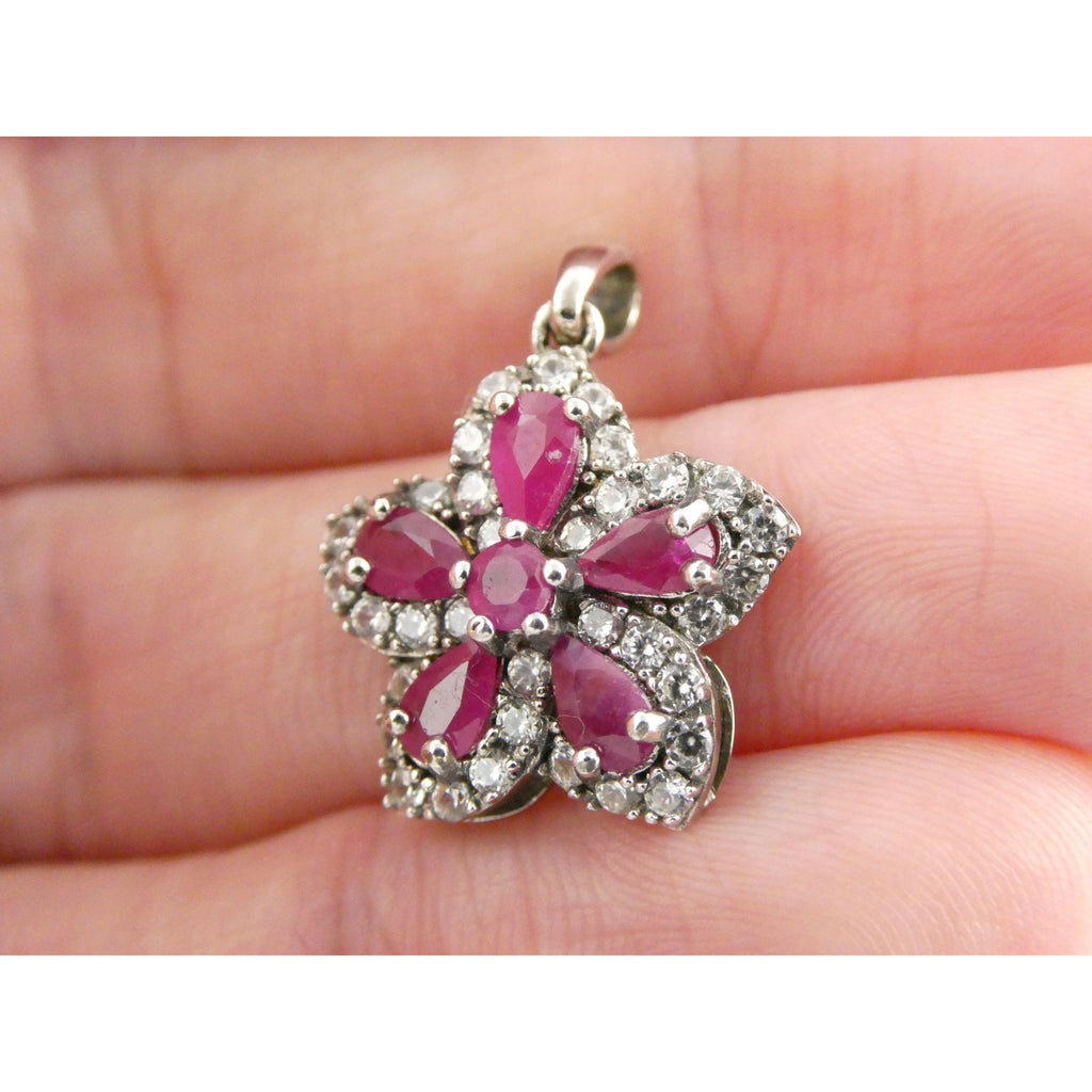 DK Sterling Silver Lab Created Ruby White CZ Flower Pendant 2.7g 24mm Length