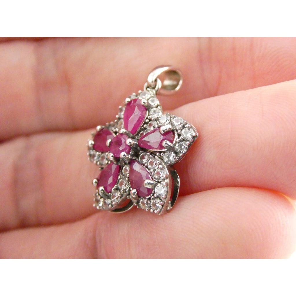 DK Sterling Silver Lab Created Ruby White CZ Flower Pendant 2.7g 24mm Length