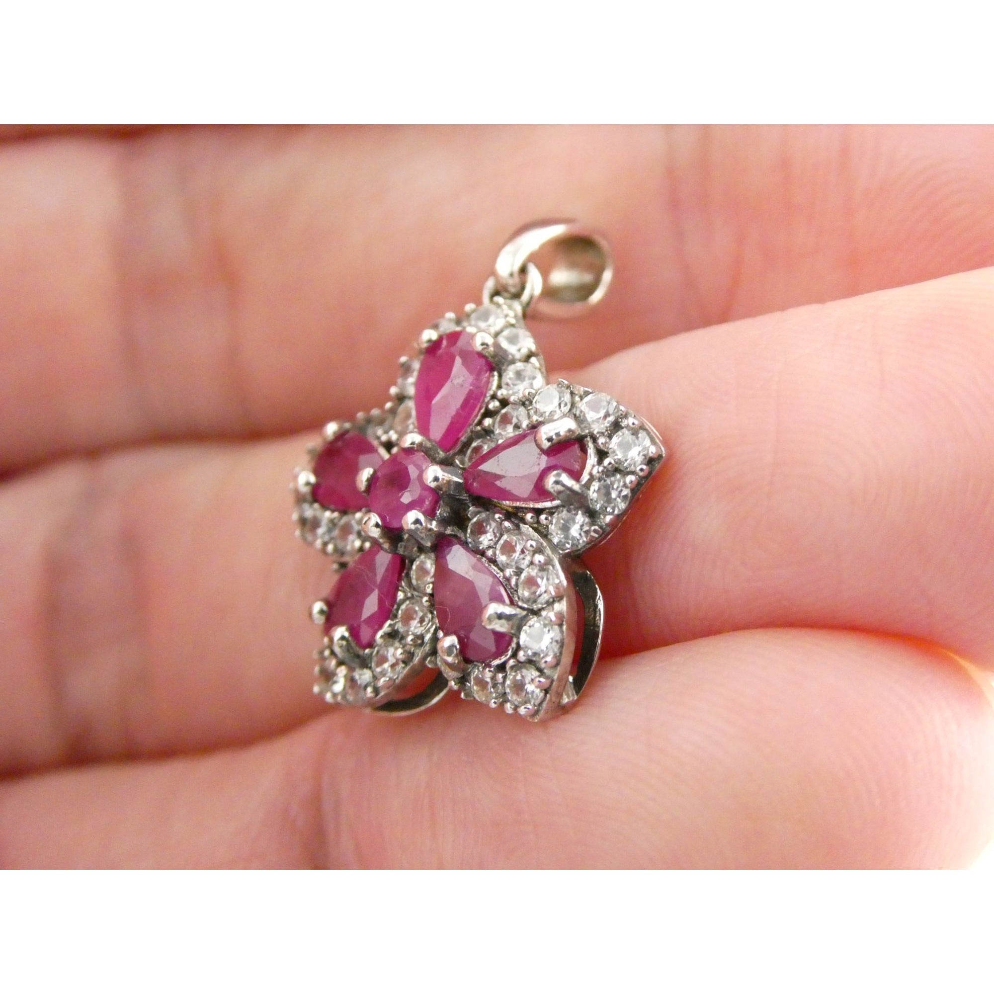 DK Sterling Silver Lab Created Ruby White CZ Flower Pendant 2.7g 24mm Length