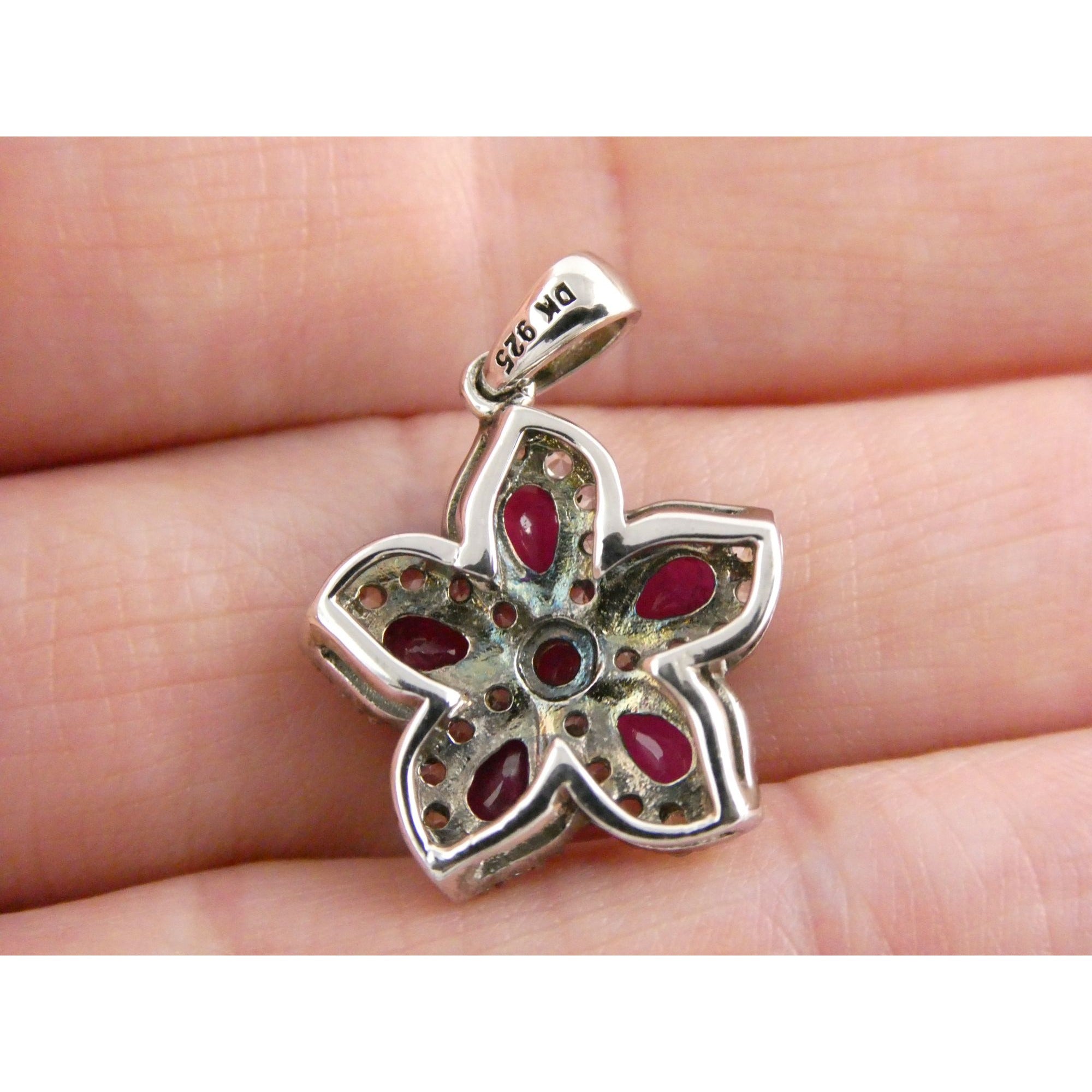 DK Sterling Silver Lab Created Ruby White CZ Flower Pendant 2.7g 24mm Length