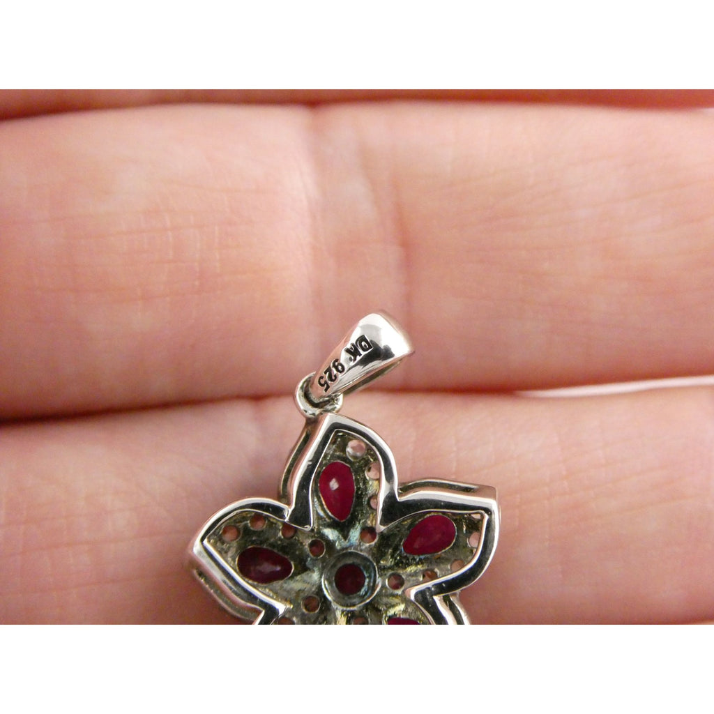 DK Sterling Silver Lab Created Ruby White CZ Flower Pendant 2.7g 24mm Length