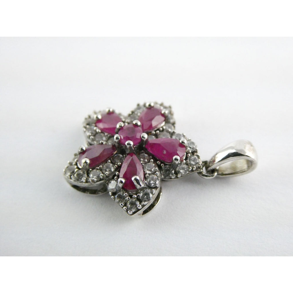 DK Sterling Silver Lab Created Ruby White CZ Flower Pendant 2.7g 24mm Length