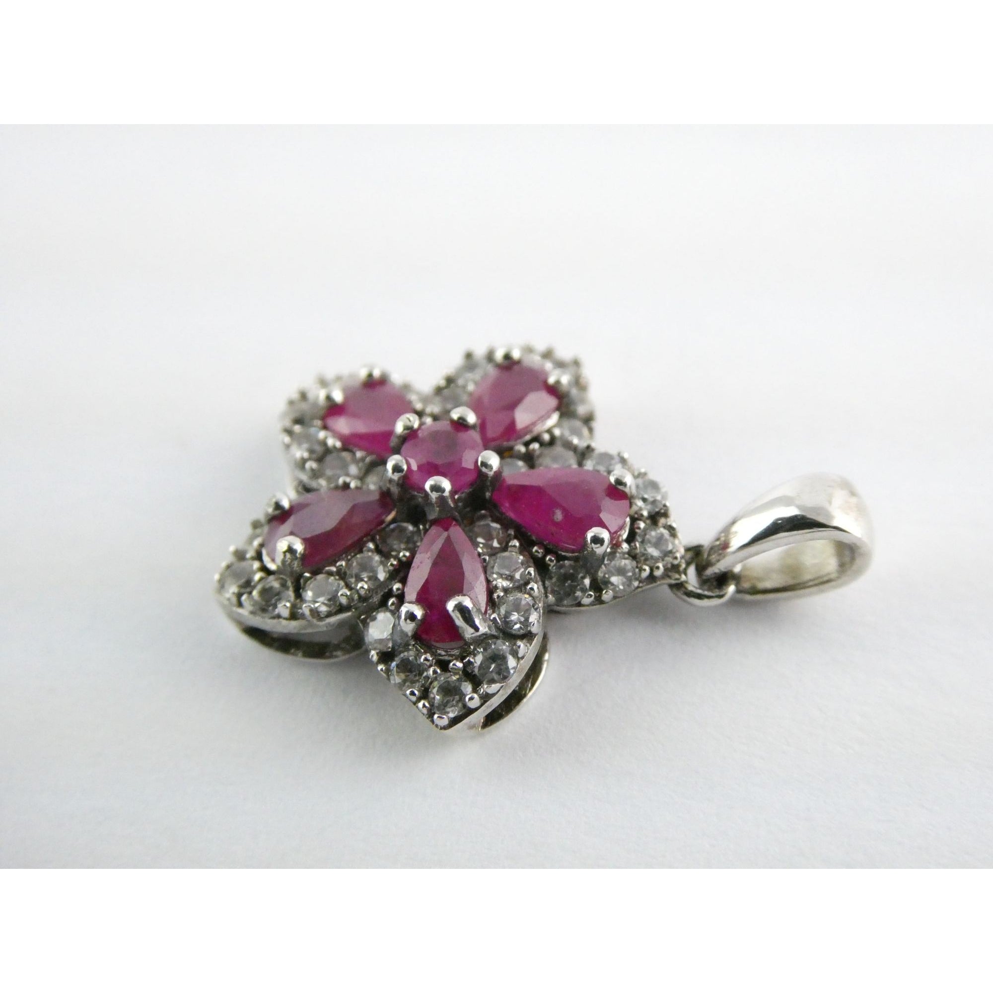 DK Sterling Silver Lab Created Ruby White CZ Flower Pendant 2.7g 24mm Length