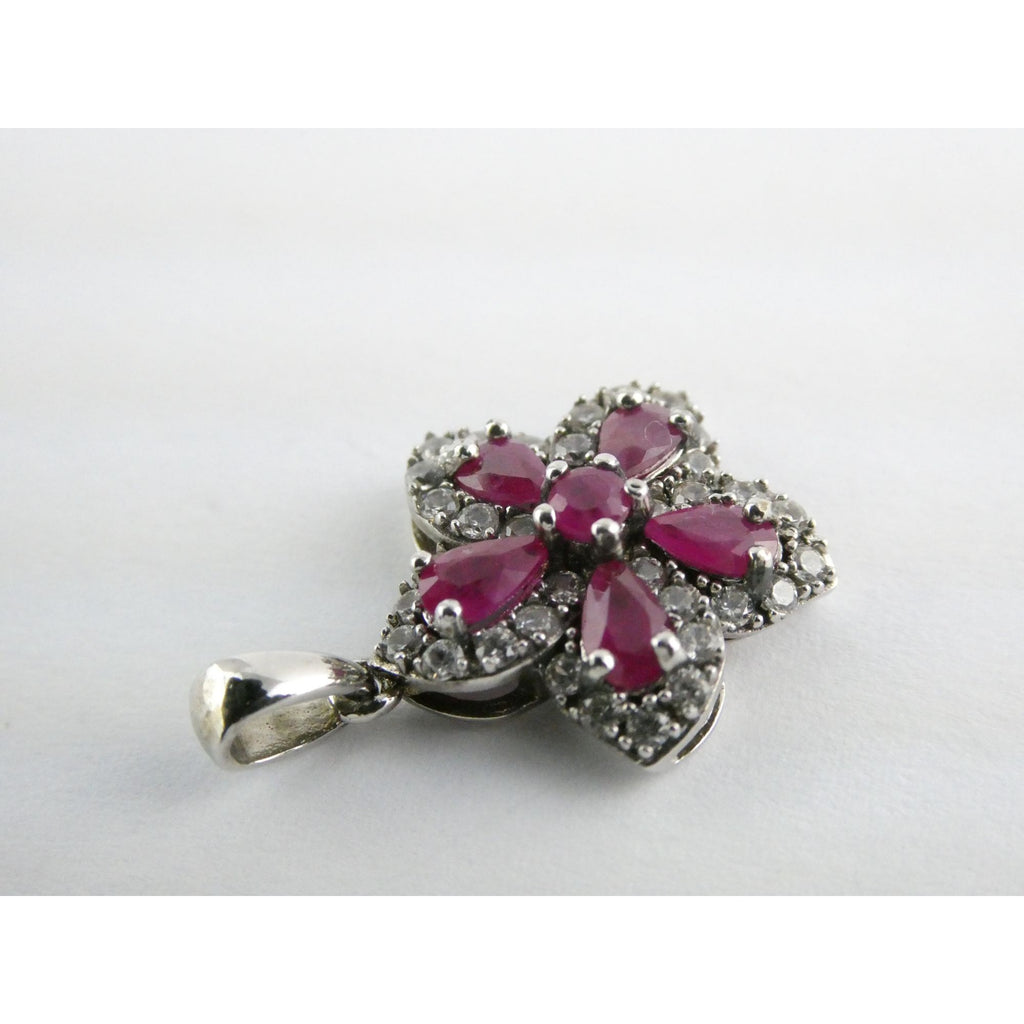 DK Sterling Silver Lab Created Ruby White CZ Flower Pendant 2.7g 24mm Length