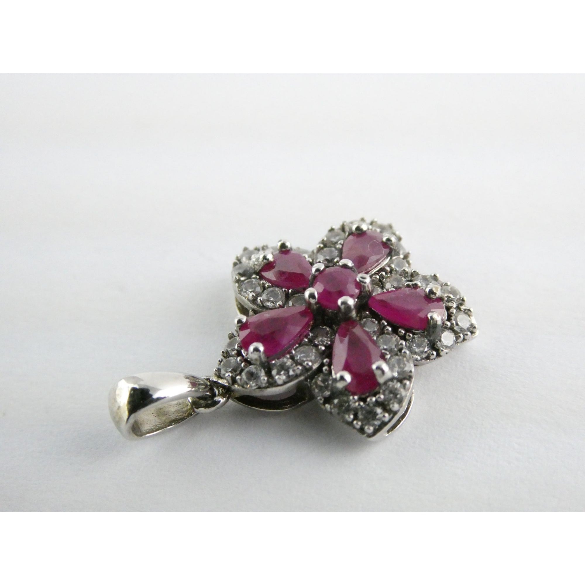 DK Sterling Silver Lab Created Ruby White CZ Flower Pendant 2.7g 24mm Length