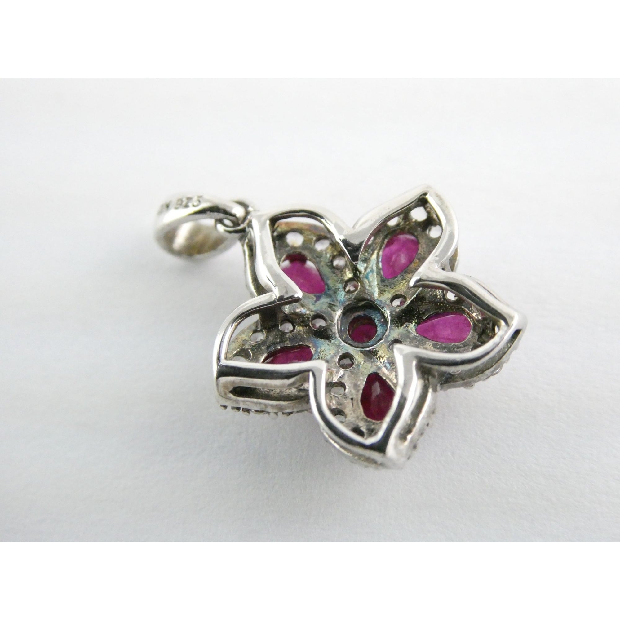 DK Sterling Silver Lab Created Ruby White CZ Flower Pendant 2.7g 24mm Length