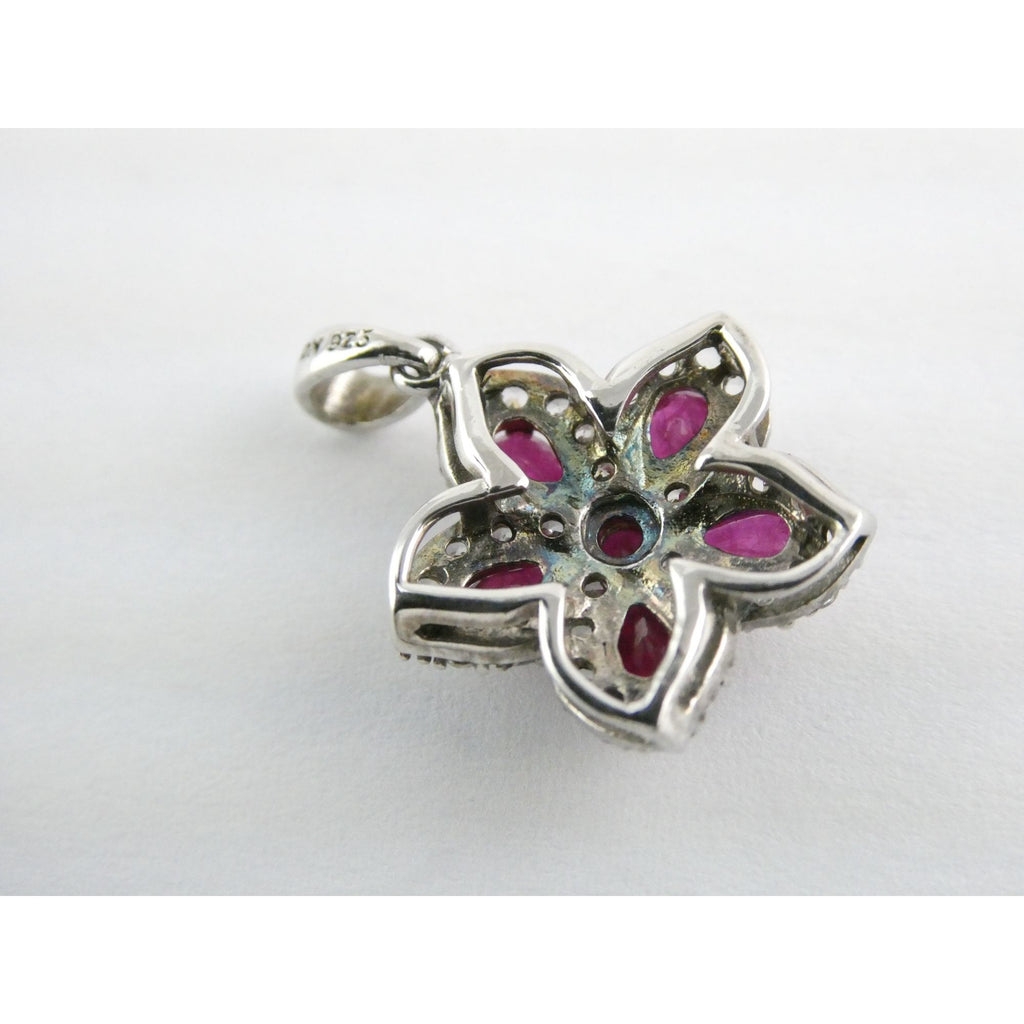 DK Sterling Silver Lab Created Ruby White CZ Flower Pendant 2.7g 24mm Length