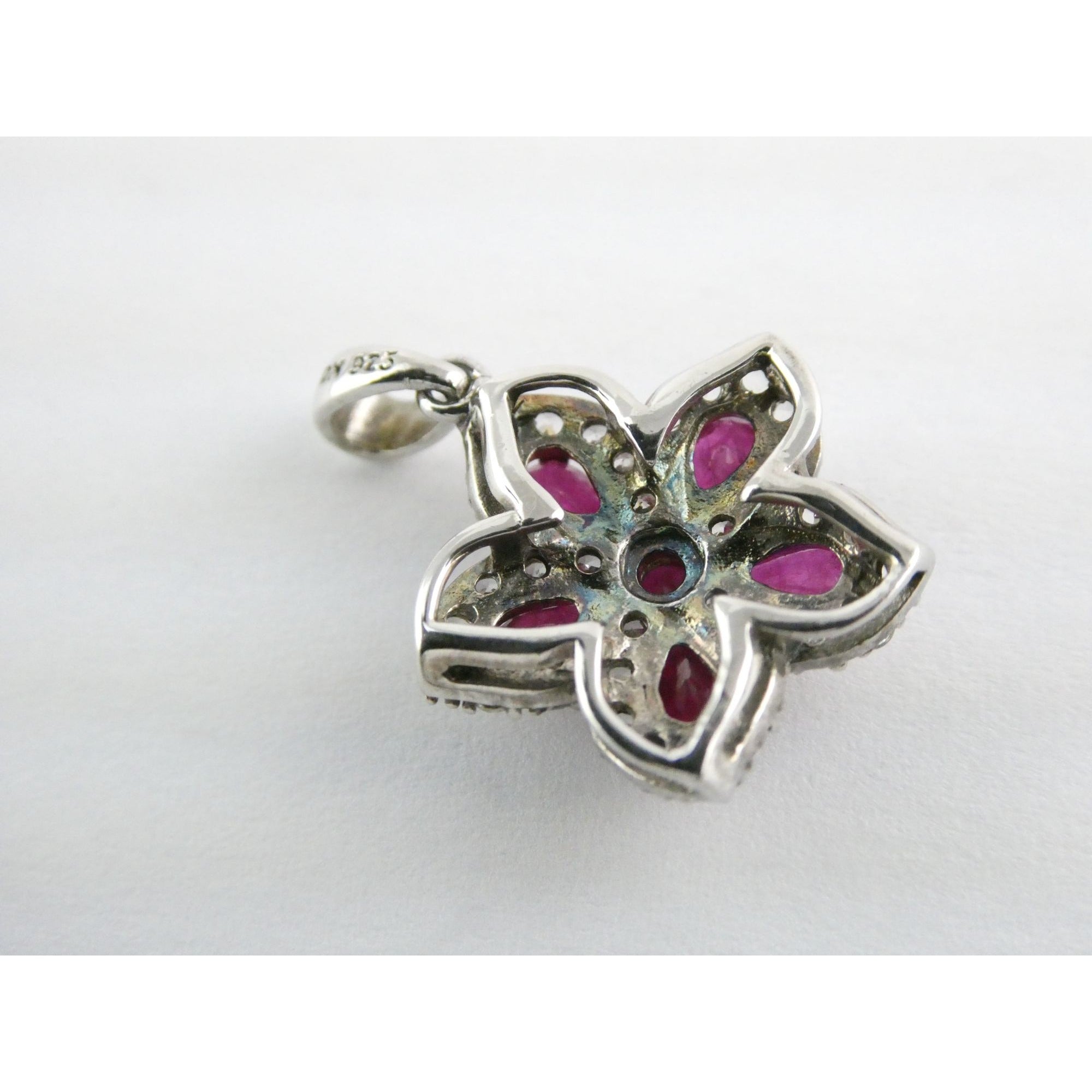 DK Sterling Silver Lab Created Ruby White CZ Flower Pendant 2.7g 24mm Length