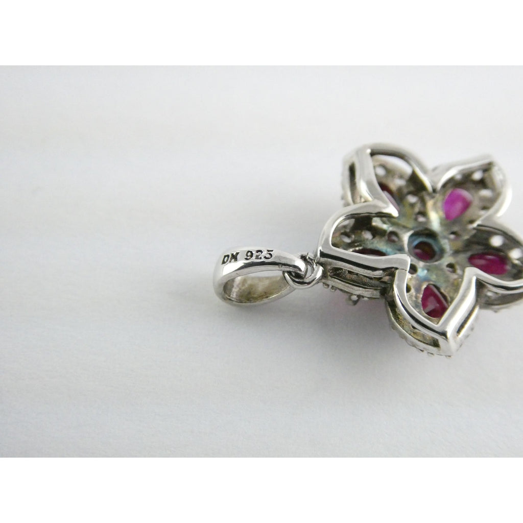 DK Sterling Silver Lab Created Ruby White CZ Flower Pendant 2.7g 24mm Length