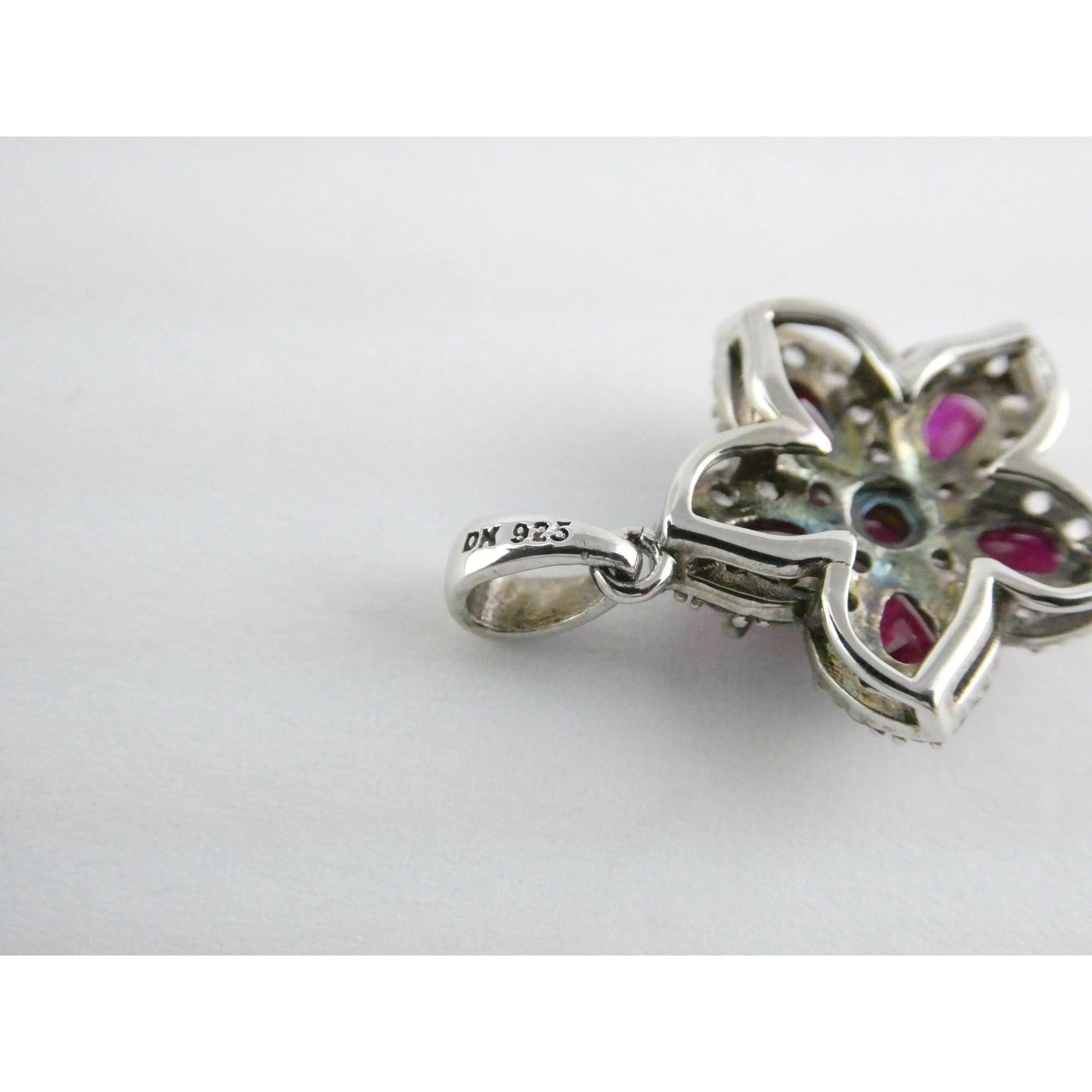 DK Sterling Silver Lab Created Ruby White CZ Flower Pendant 2.7g 24mm Length