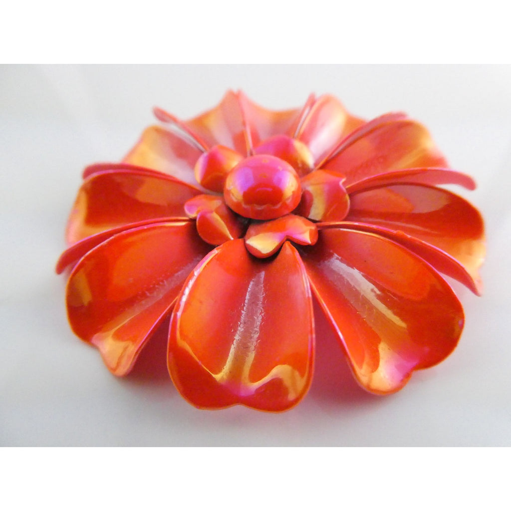 Vintage Unsigned Iridescent Red Orange Enamel Flower Brooch Pin 17g 61mm Diam
