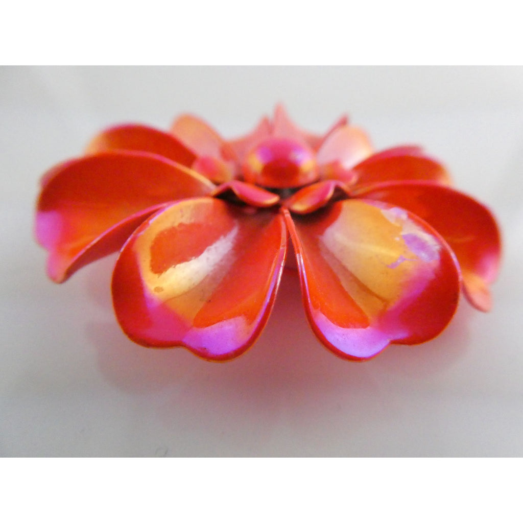 Vintage Unsigned Iridescent Red Orange Enamel Flower Brooch Pin 17g 61mm Diam
