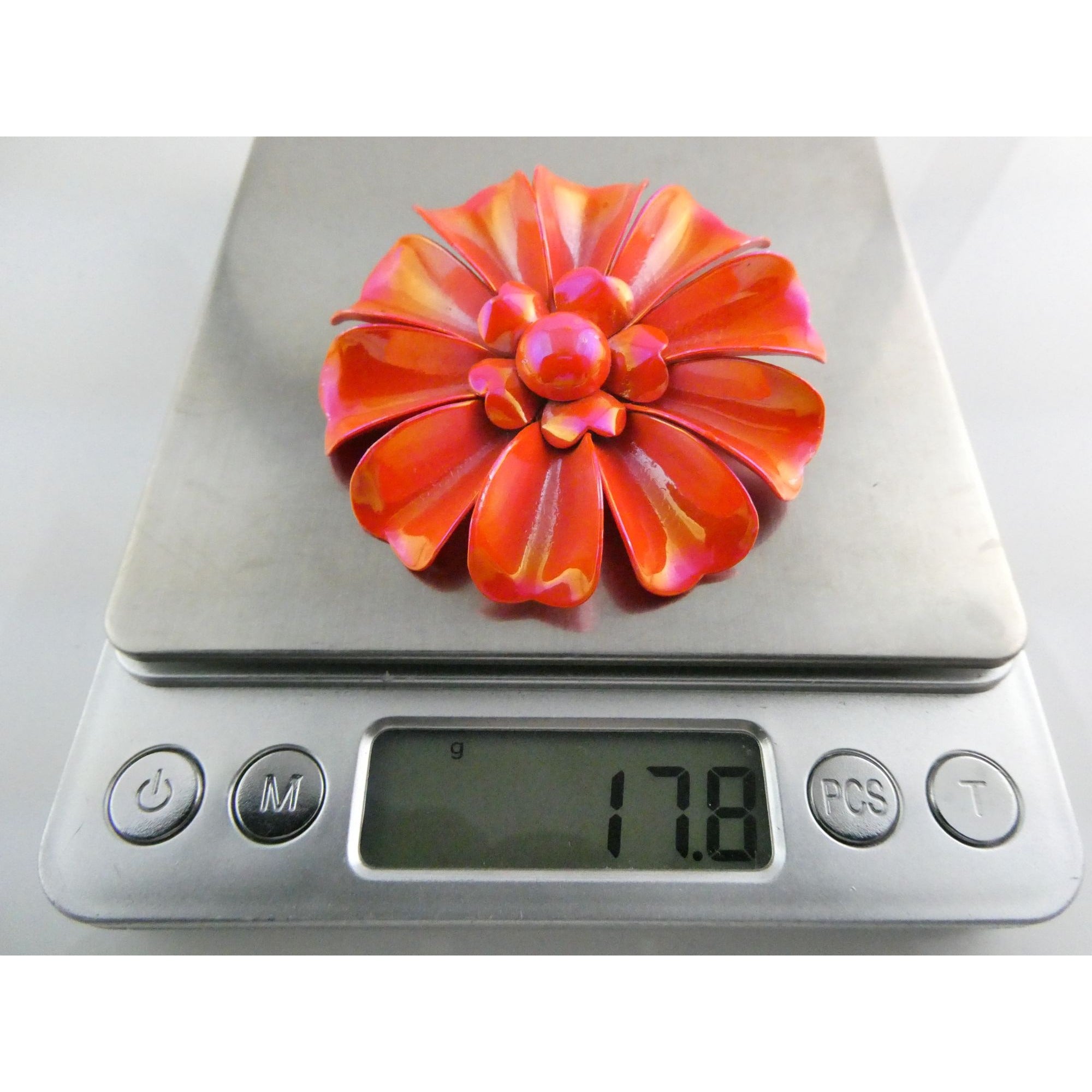 Vintage Unsigned Iridescent Red Orange Enamel Flower Brooch Pin 17g 61mm Diam