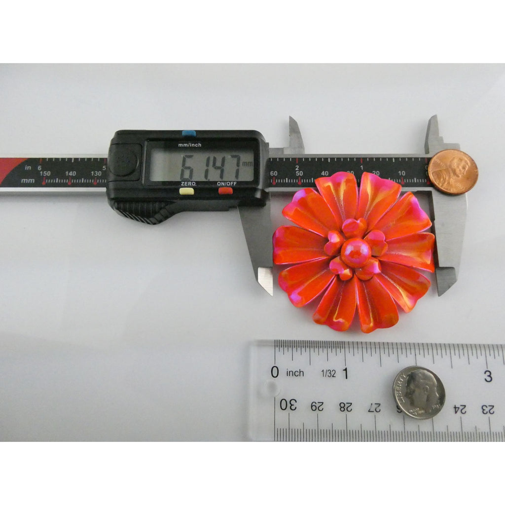 Vintage Unsigned Iridescent Red Orange Enamel Flower Brooch Pin 17g 61mm Diam