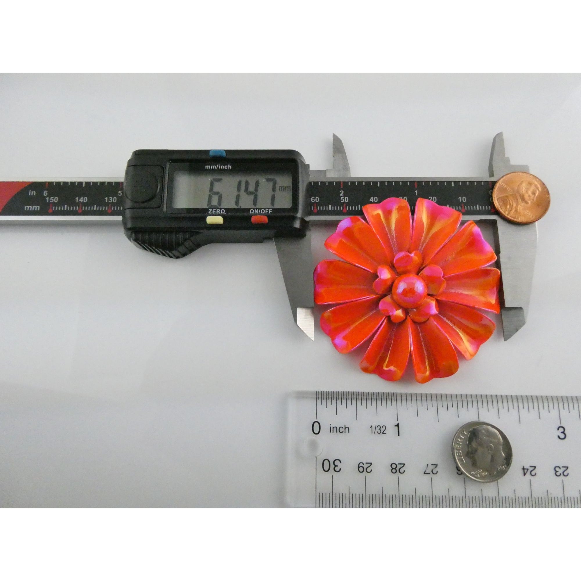 Vintage Unsigned Iridescent Red Orange Enamel Flower Brooch Pin 17g 61mm Diam