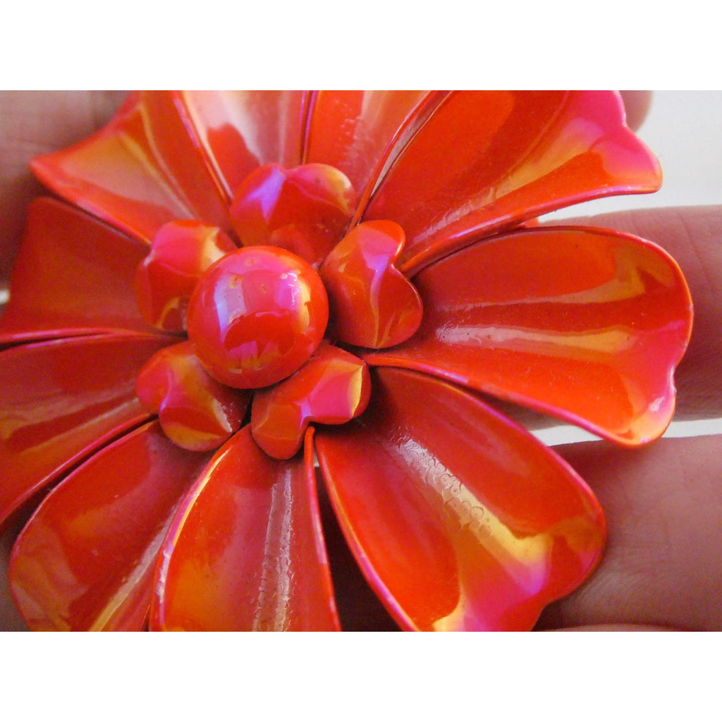 Vintage Unsigned Iridescent Red Orange Enamel Flower Brooch Pin 17g 61mm Diam