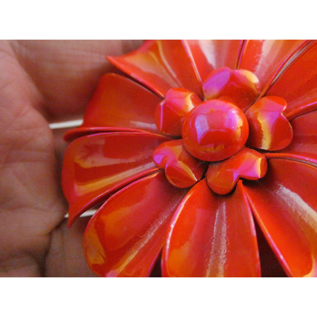 Vintage Unsigned Iridescent Red Orange Enamel Flower Brooch Pin 17g 61mm Diam